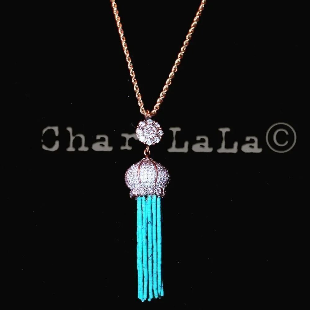 Pave Crystal Dome & Turquoise Tassel Necklace